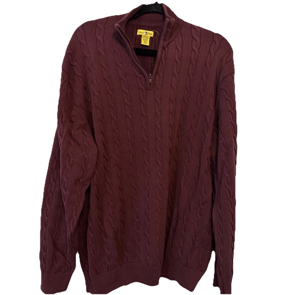 Duck Head Mens Vintage 1/4 Zip Cable Knit Sweater 2XL Maroon Cotton Pullover